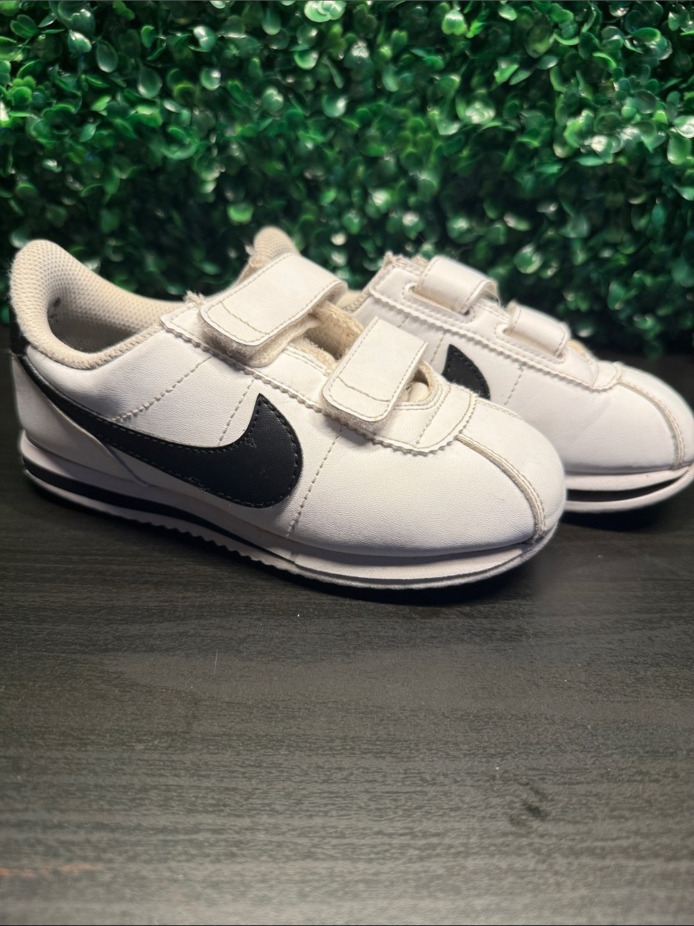 Nike Cortez Kids White Sneakers with Black Swoosh Velcro Straps